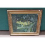 An unsigned heavy framed oil on canvas of a house in woodlands, in the manner of Joseph Webb,
