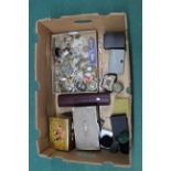 A large box with items of interest including two jewellery boxes, silver plate,