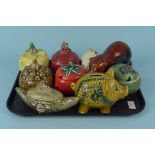 A collection of Sylvac vegetable preserve pots and two pottery animals