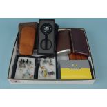 Six vintage leather cigar cases, a boxed Cuban Crafters cigar cutter,