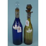 Two coloured glass decanters,