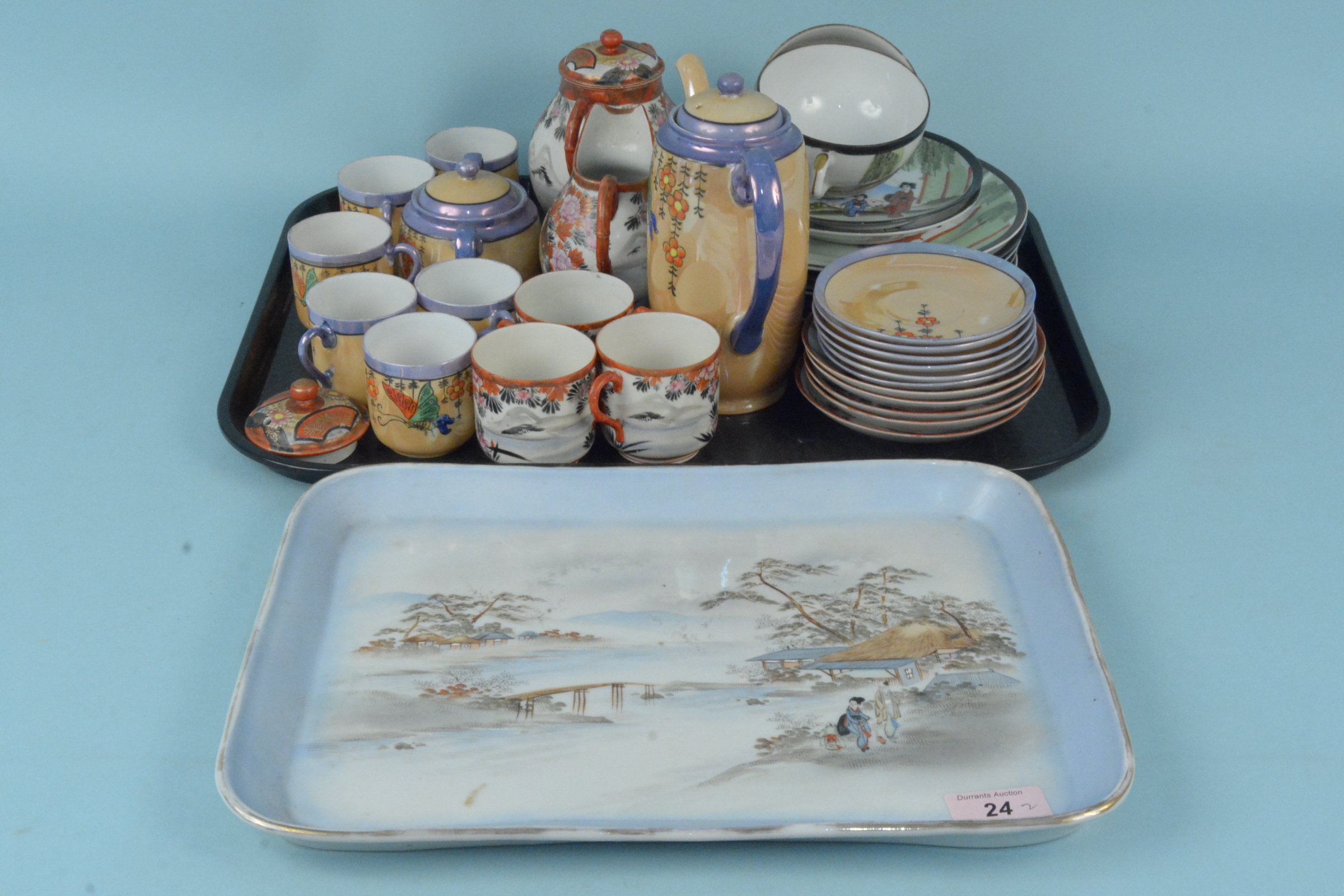 Mixed Japanese porcelain tea wares with a tray