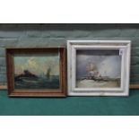 An oil on card of ships at sea,