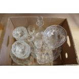 A box of mixed cut and moulded glass including a large vase,