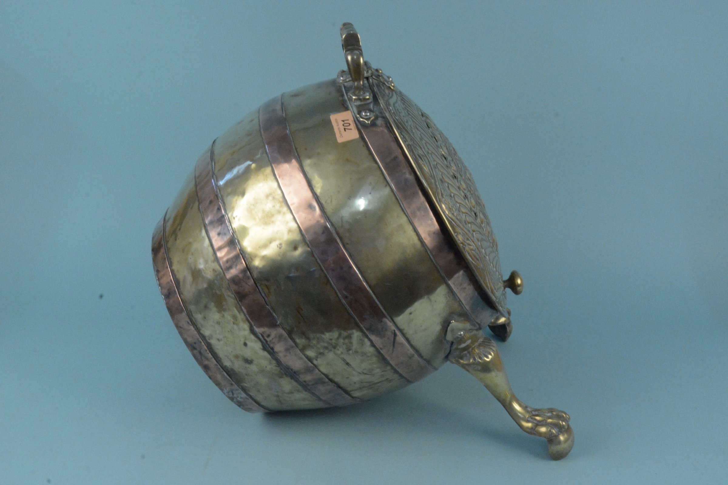 A heavy 19th Century brass and copper bound barrel shaped coal box with decorative pierced and - Image 2 of 3