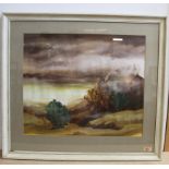 A large framed gouache of a stylised windswept landscape with trees,