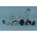 A large Orrefors glass cat, a Murano duck, Wedgwood elephant and rabbit,