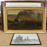 Two framed prints of locomotives,