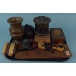 A selection of turned wood, a treen vase and boxes, tobacco jar,