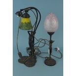 Two 20th Century Art Nouveau style lamps in bronzed metal with female nude figures on lily pad