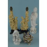Two Chinese Blanc de Chine figures plus a pair of Oriental resin lamp bases and a Japanese Koro