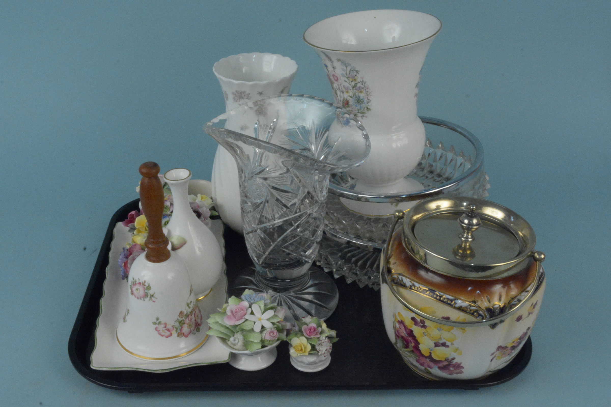 A mixed lot including a George Jones biscuit barrel, ceramic posies, cut glass bowls,