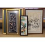 A Chinese painted tile panel of three courtesans, a framed Oriental silk picture,