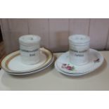 Four assorted serving dishes plus a pair of vintage kitchen jars 'Cakeoma for Cakes',