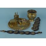 A collection of brass items including a salver,