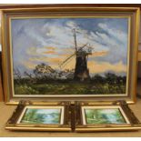 A large framed oil on canvas of a windmill with an evening sky signed 'Elystra 74' plus a pair of