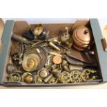 A box of mixed copper and brass ornaments etc