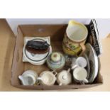 A box of mixed ceramics including a Royal Doulton pig, a selection of Royal commemoratives,