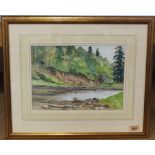 A framed watercolour of the River Spey, signed 'Shirley Carnt',