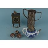 A mixed interesting lot to include a brass clock with ticking ship (not working),