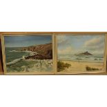A pair of framed Cornish coastal scenes on board,