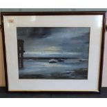 A framed watercolour of boats at low tide, signed D Gainey 1988,