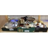 A wide selection of kitchen ware, pots, jugs, scales,