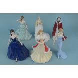 Two Royal Worcester figurines and three Coalport plus a Royal Doulton Diana Princess of Wales