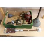 A mixed selection of items including a vintage brass car horn, vintage telephone, wash dolly,