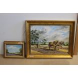 A framed oil on board of a ploughman with horses,