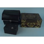 A vintage cased Polaroid camera plus a Box Brownie camera and a wood casket with brass overlay