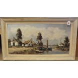 A vintage framed oil on canvas of a barge and river scene, signed bottom right Mariss,