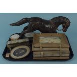 Mixed items including a leather covered model of a horse, two mid 19th Century miniature portraits,