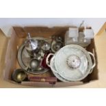 A box of mixed silver plated items including two bottle decanters,