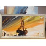 A retro framed heavy oil on board of a beached ship, indistinct signature bottom right,