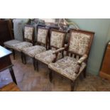 Four late Victorian oak upholstered chairs including one armchair