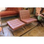 A Barcelona style leather and chrome lounge chair and matching stool