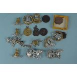 A tin of various military badges with some shooting medallions (sterile)