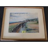 A watercolour of a beach with wartime defences, signed lower right Leo Swain 1945, 16" x 19",