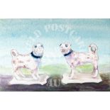 Pair of 18th Century Lowestoft Pugs. Watercolour.