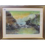 A framed watercolour of a castle and cliffs scene, signed J Cart,
