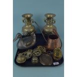 Mixed metal wares including a pair of Chinese brass vases, pewter duck, dish, horse brasses,