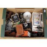 A box of mixed vintage camera equipment and cameras including boxed 'Ensign Full-Vue', No.