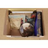 Various vintage cigarette cards albums, a selection of oil on card pictures,