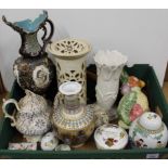 A box of mixed ceramics including 19th Century teapot (as found spout), Egyptian vase,