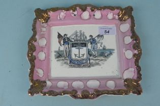 A 19th Century Sunderland lustre wall plaque with the Mariners Arms (one chip to bottom edge)