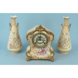 A pair of R W Rudolstadt blush vases plus a Royal Bonn porcelain 'La Clar' ceramic clock in a blush
