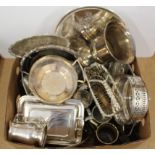 A box of assorted silver plate and pewter items