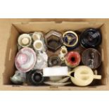A box of mixed mainly named ceramics including Belleek, Honiton, Bretby, Carlton ware,