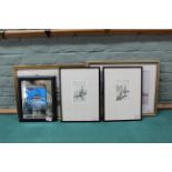 A framed watercolour of a Broadland scene signed by Keith Johnson plus three prints together with